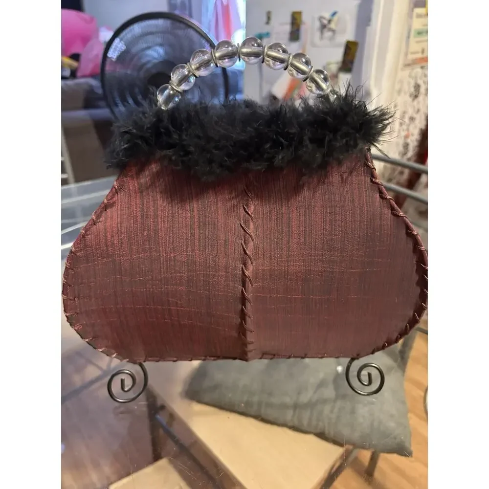 Purse Table Lamp Light Vintage Brown Faux Fur Top Beaded Handle Retro 11.5